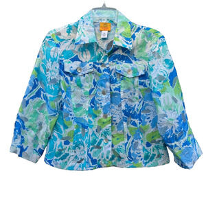 Ruby Rd Jacket Womens 10P Mature Burnout Shirt Blue  Garden Blooms Floral Retro